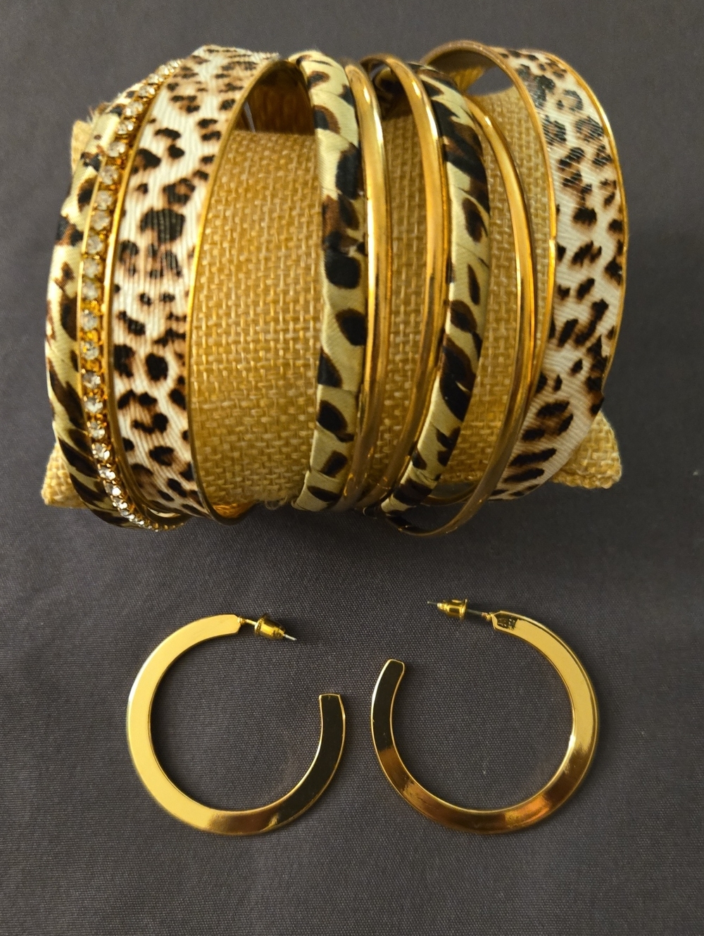Gold and Leopard Print Bangle Bracelet Set with Gold Hoop Earrings
